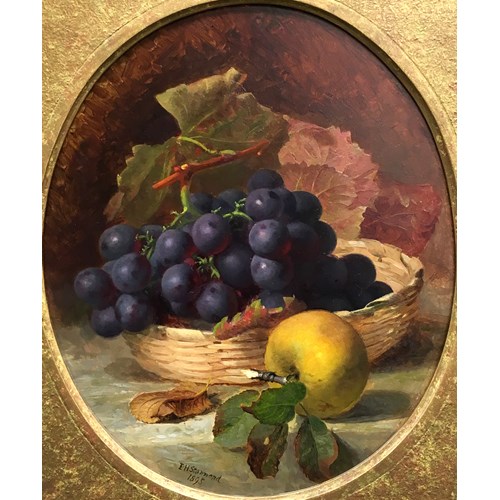 A basket of black grapes and an apple; Raspberries and peaches on a table
